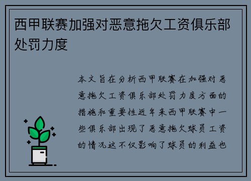 西甲联赛加强对恶意拖欠工资俱乐部处罚力度 西甲联赛加强对恶意拖欠工资俱乐部处罚力度