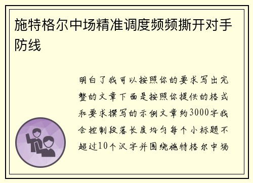 施特格尔中场精准调度频频撕开对手防线