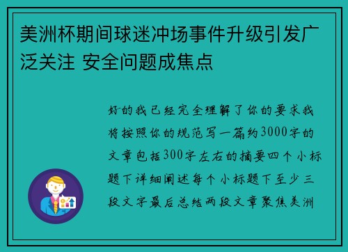 美洲杯期间球迷冲场事件升级引发广泛关注 安全问题成焦点